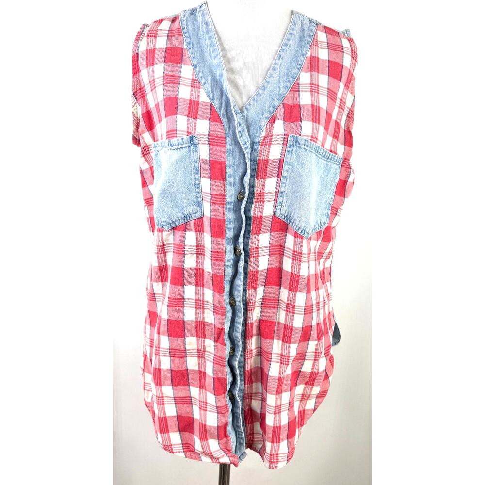 Andrew's Blues Vintage Denim Plaid Sleeveless Button Up Shirt Size Medium